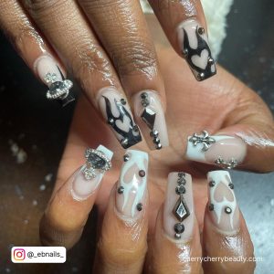 Black And White Rhinestone Nails For A Gothic Look