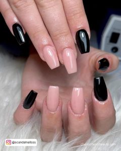 Black Coffin Acrylic Nails With Two Nails In Nude Shade