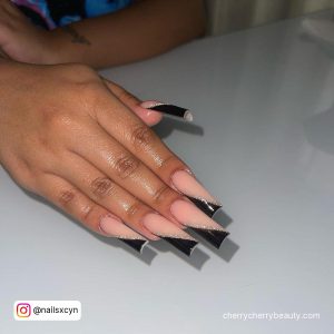 Black French Tip Acrylic Nails With A Glitter Line
