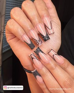 Black French Tips Acrylic Nails With Lines