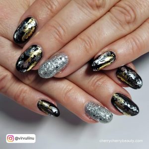 Black Gold And Silver Nails For A Fancy Look
