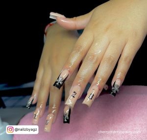 Black Long Acrylic Nails With Design