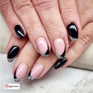 Black Nails Silver Glitter On Tips