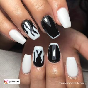Black Nails White Flame On One Finger