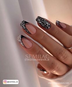 Black Nails With Silver Glitter In Square Shape