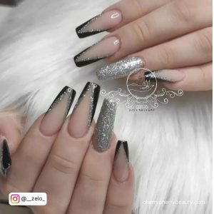Black Nails With Silver Tips In Square Shape