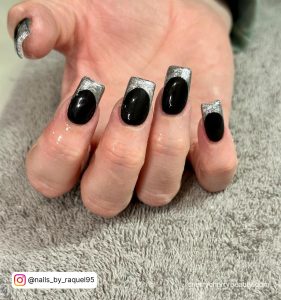 Black Nails With Silver Tips In Square Shape