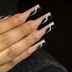 Black Nails With White Lines On Nude Nails