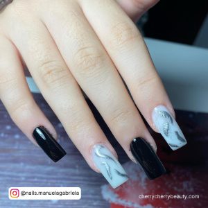 Black Silver And White Nails In Square Shape