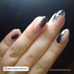 Black &Amp; Silver Nails With Clear Base Coat