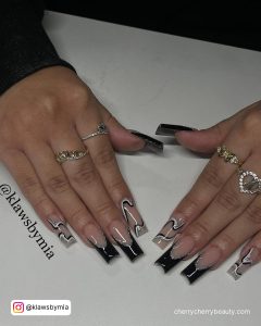 Black Tip Acrylic Nails With Marble Design