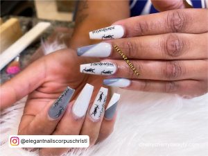 Black White And Gray Nail Designs On Coffin Shape