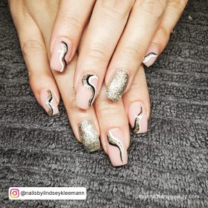 Black White And Silver Coffin Nails With Swirls