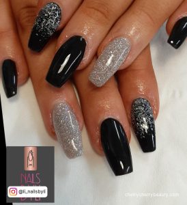 Black With Silver Glitter Nails For Extra Sparkle