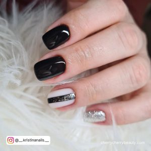 Black With Silver Glitter Nails In Short Length