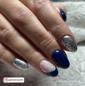 Blue And Silver Nails Ideas In Almond Shape