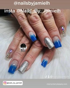 Blue And Silver Ombre Nails With Diamonds