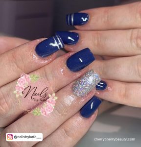 Blue And Silver Prom Nails With Metallic Lines