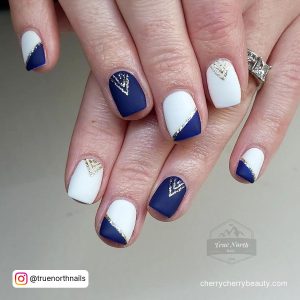 Blue And White Matte Nails With Golden Lines