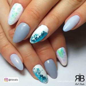 Blue Gray And White Nails In Almond Shape