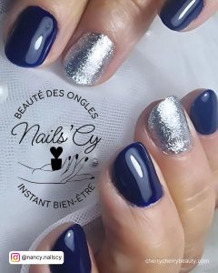 Blue Nails With Silver Glitter On Short Nails