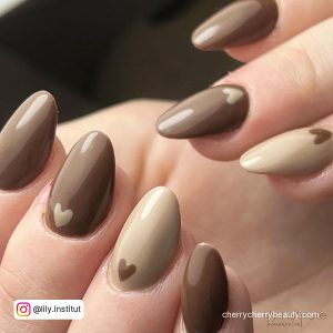 Brown And Beige Almond Nails With Small Brown And Beige Hearts