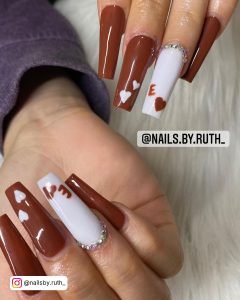 Brown And White Coffin Nails With Diamonds And Hearts
