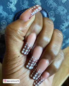 Brown And White Nail Ideas With Polka Dots On Tips