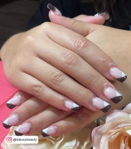Brown Nails With White Design With French Manicure