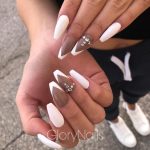 Brown Nails With White Tips With Diamonds On Ring Finger