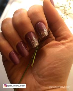Burgundy Nails With Silver Glitter On Two Fingers