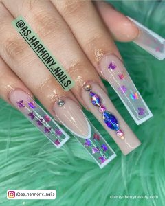 Clear Nails With White Outline And Rhinestones