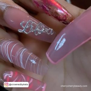 Clear Pink Long Coffin Acrylic Nails With Light Pink Outline, White Lines, Pink Chrome And Silver Libra Writing