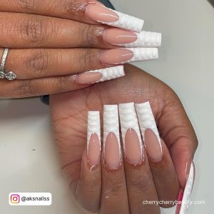Coffin Acrylic Nails White With Textured Tips