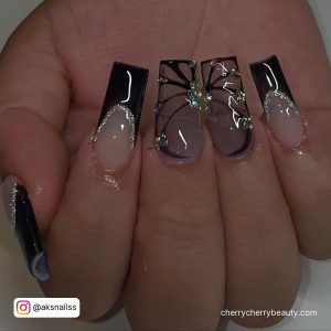 Coffin Black Acrylic Nails With Diamonds And Glossy Finish