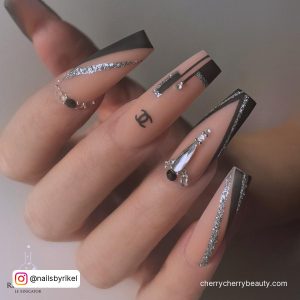 Coffin Black And Silver Nails With Rhinestones