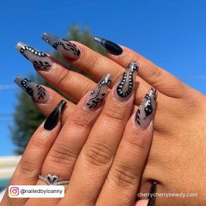 Coffin Black And White Acrylic Nails With Grey Base Coat
