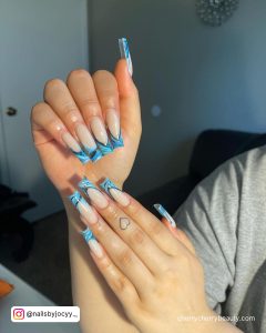 Coffin Blue Acrylic Nails With Line Pattern On Tips