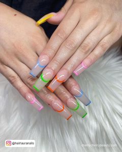 Coffin Clear Acrylic Nails With Rainbow Tips