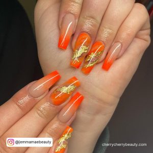 Coffin Fall Acrylic Nails In Orange And Gold