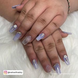 Coffin Long Acrylic Nails In Lilac Shade With Diamonds