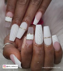 Coffin Matte White Nails With Golden Line In The Middle