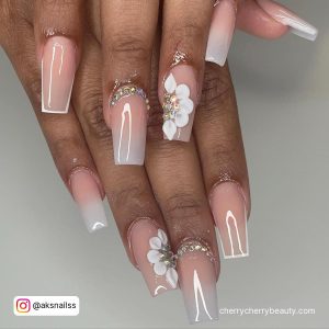 Coffin Medium Length Popular Acrylic Nails With Flowers And Diamonds