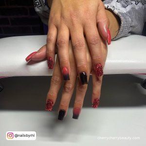 Coffin Red And Black Acrylic Nails With Ombre