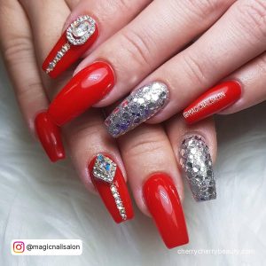 Coffin Red And Silver Nails With Diamonds