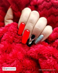 Coffin Red And Silver Nails With Rhinestones