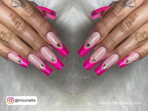 Coffin Shape French Tip Chrome Pink Valentines Day Nails With Silver Heart Design