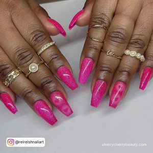 Coffin Shape Hot Pink Valentines Day Nails