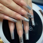 Coffin Silver Nails With Design On Middle Finger