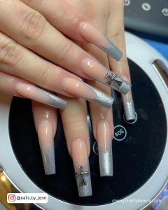 Coffin Silver Nails With Design On Middle Finger